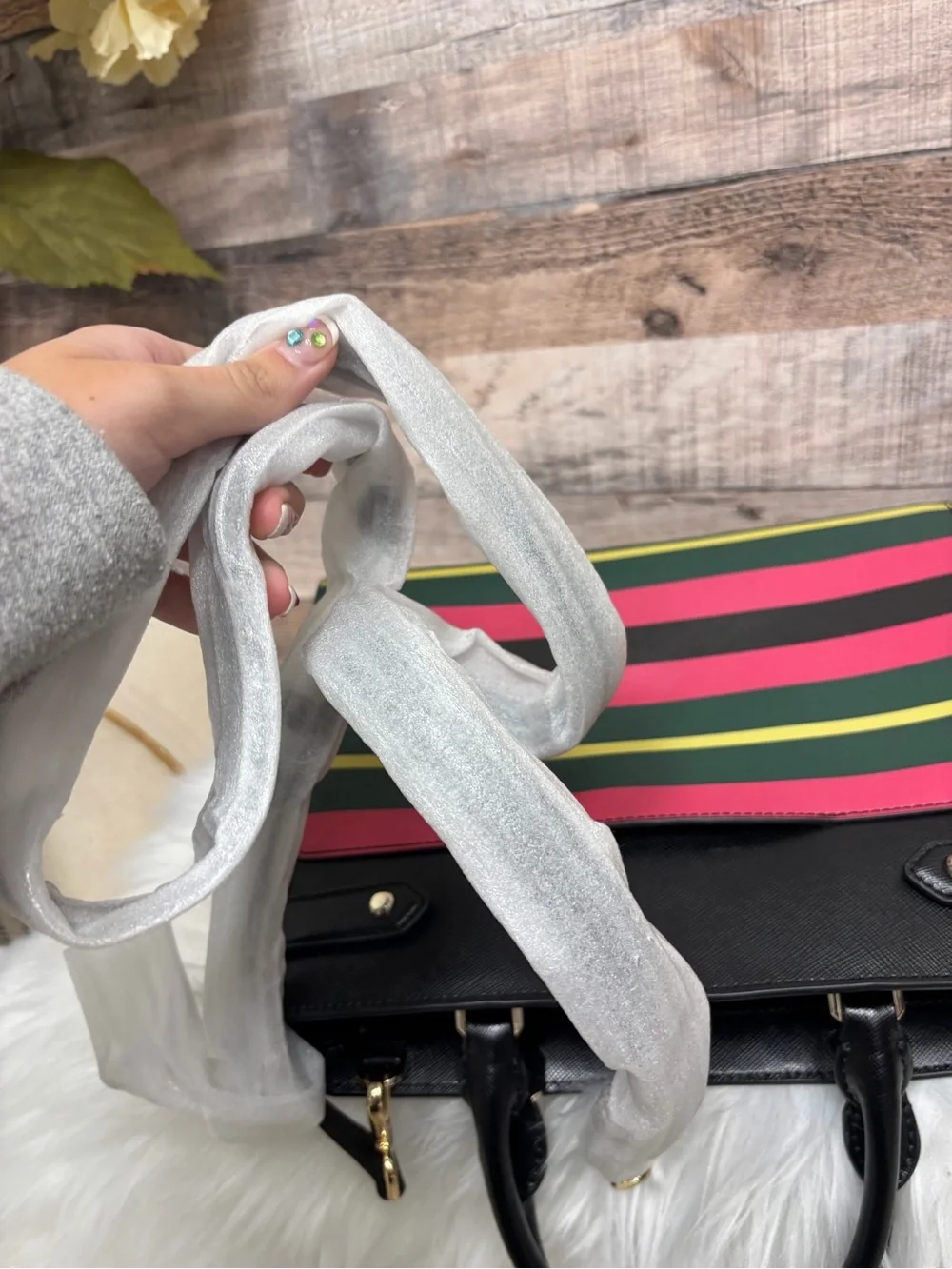 Kate Spade Black w/ Pink, Green, and Yellow Striped Saffiano Leather Satchel - Picture 6 of 7
